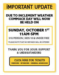 Important update about Commack Day postponed to October 1st due to weather, with ticket details.
