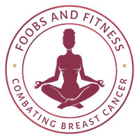 Logo of Foobs and Fitness featuring a silhouette of a woman in a meditative pose, emphasizing wellness and breast cancer awareness.