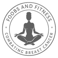 Logo for Foobs and Fitness promoting wellness and breast cancer awareness with a yogic figure.