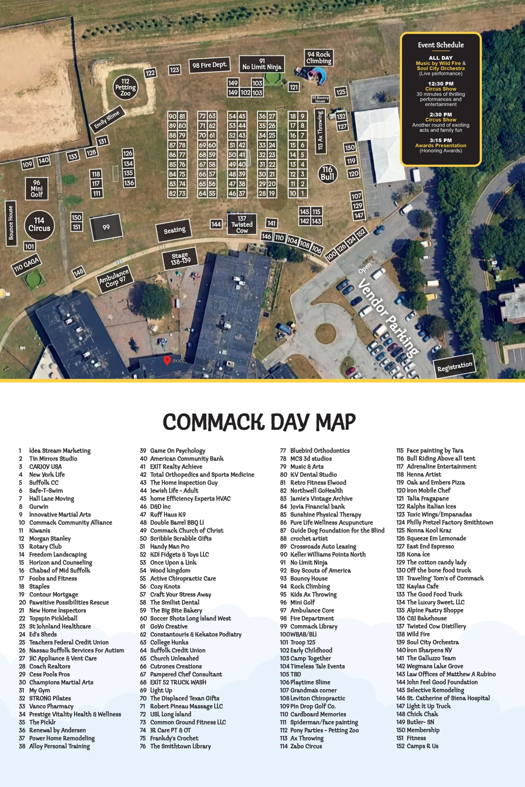 Map of Commack Day event, showcasing vendor locations and event schedule.